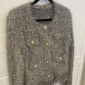 Textured Metallic Gray Fuzzy Cardigan with Gold Buttons